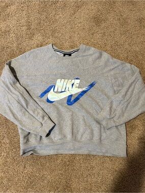 Nike Light Gray Crewneck Sweatshirt with Blue and White Logo